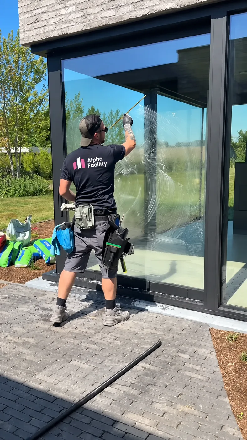 Een ramenwasser van Alpha Facility reinigt een raam.